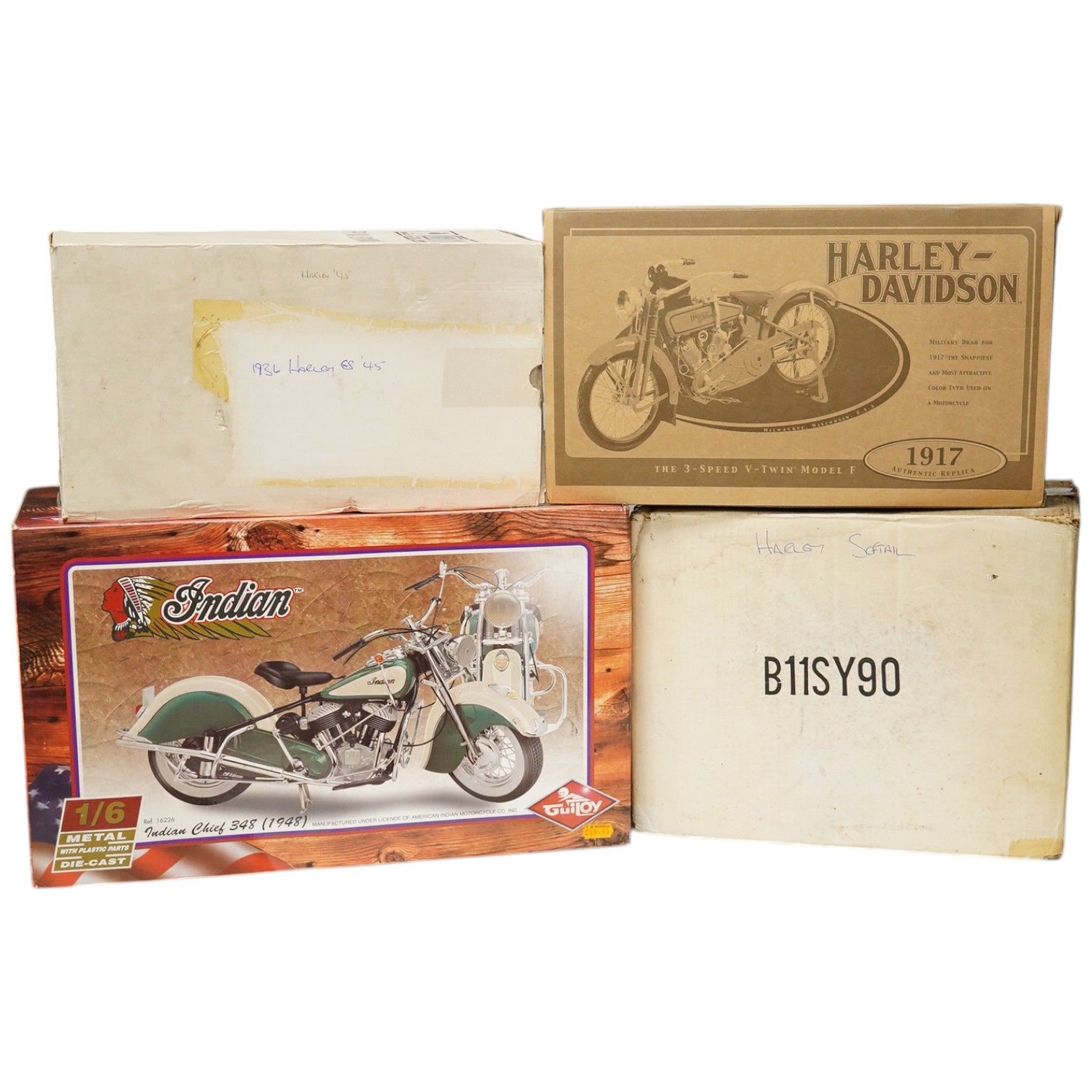 Four boxed diecast motorcycles by Franklin Mint, Guitoy, etc.; a Guitoy 1:6 scale model of an Indian Chief 348 (1948), a 1:6 scale Harley Davidson 1917 bike in military drab, a 1:24 scale Harley Davidson 1936 ‘45’ ES and